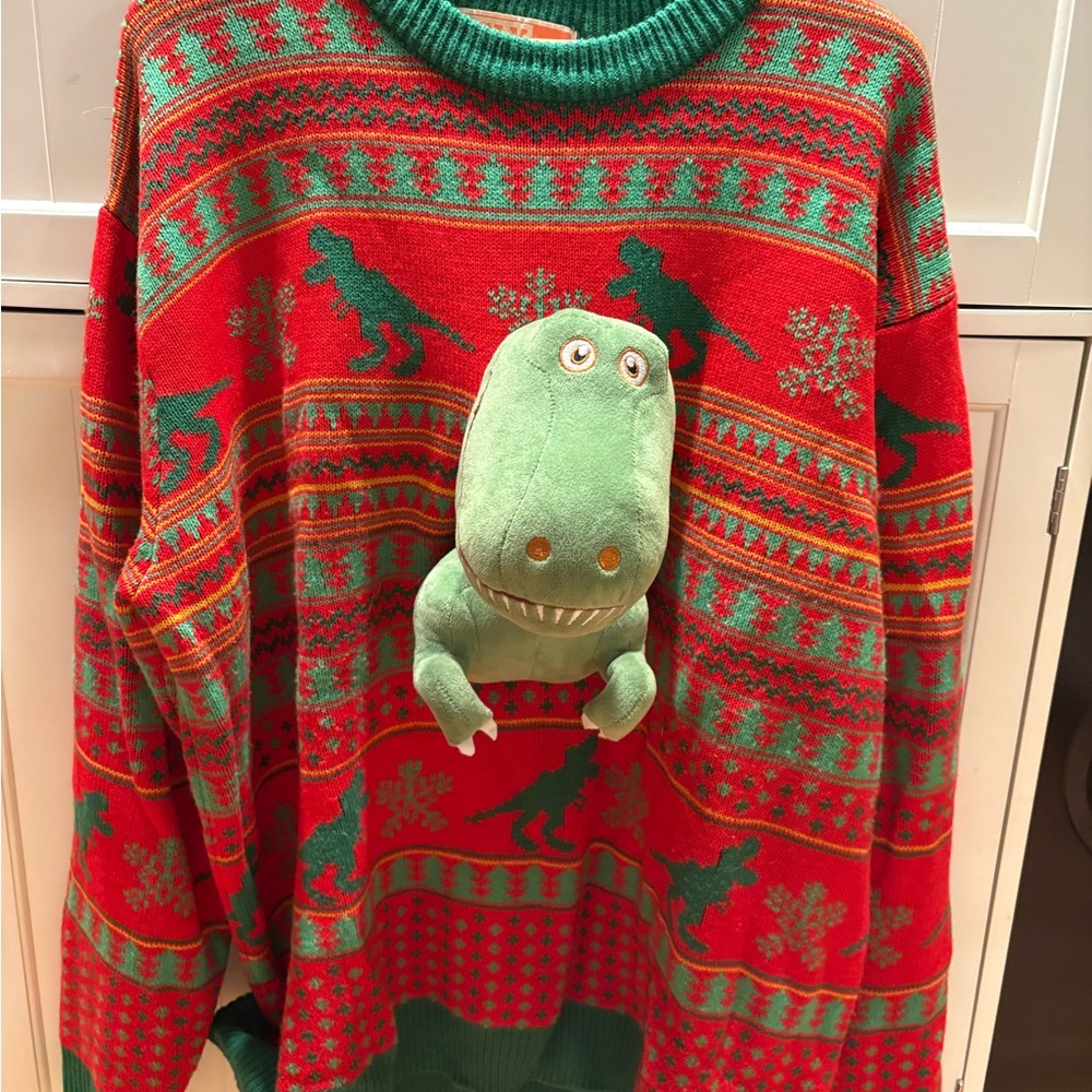 Festive Dinosaur Ugly Sweater - Red and Green